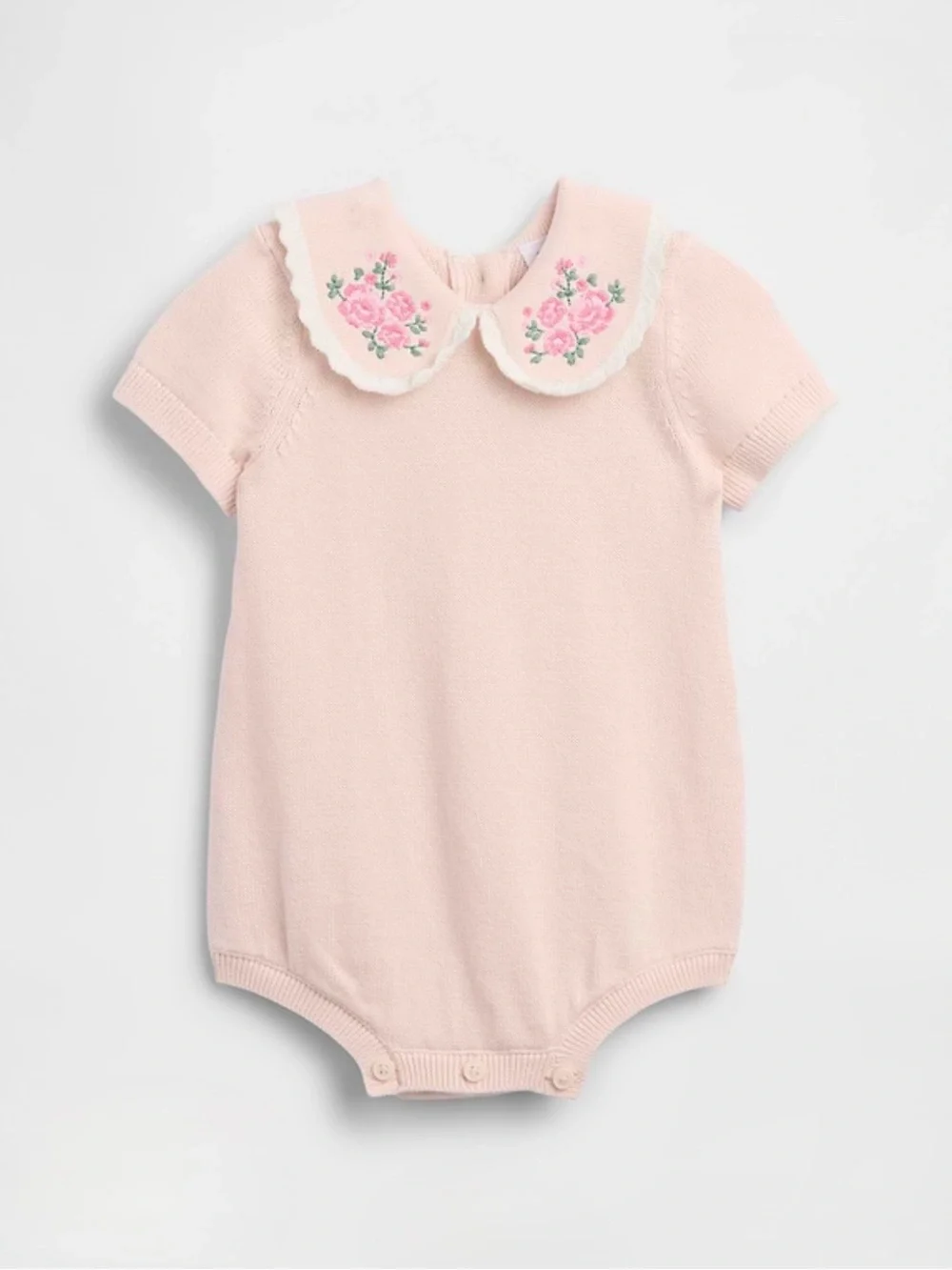 Pink Knit Baby Romper with Embroidered Peter Pan Collar